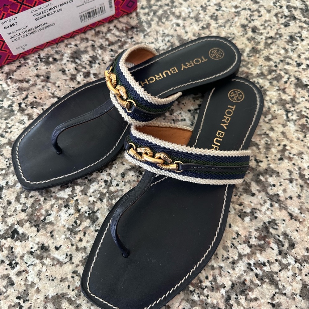 Tory Burch Navy and Gold Sandals